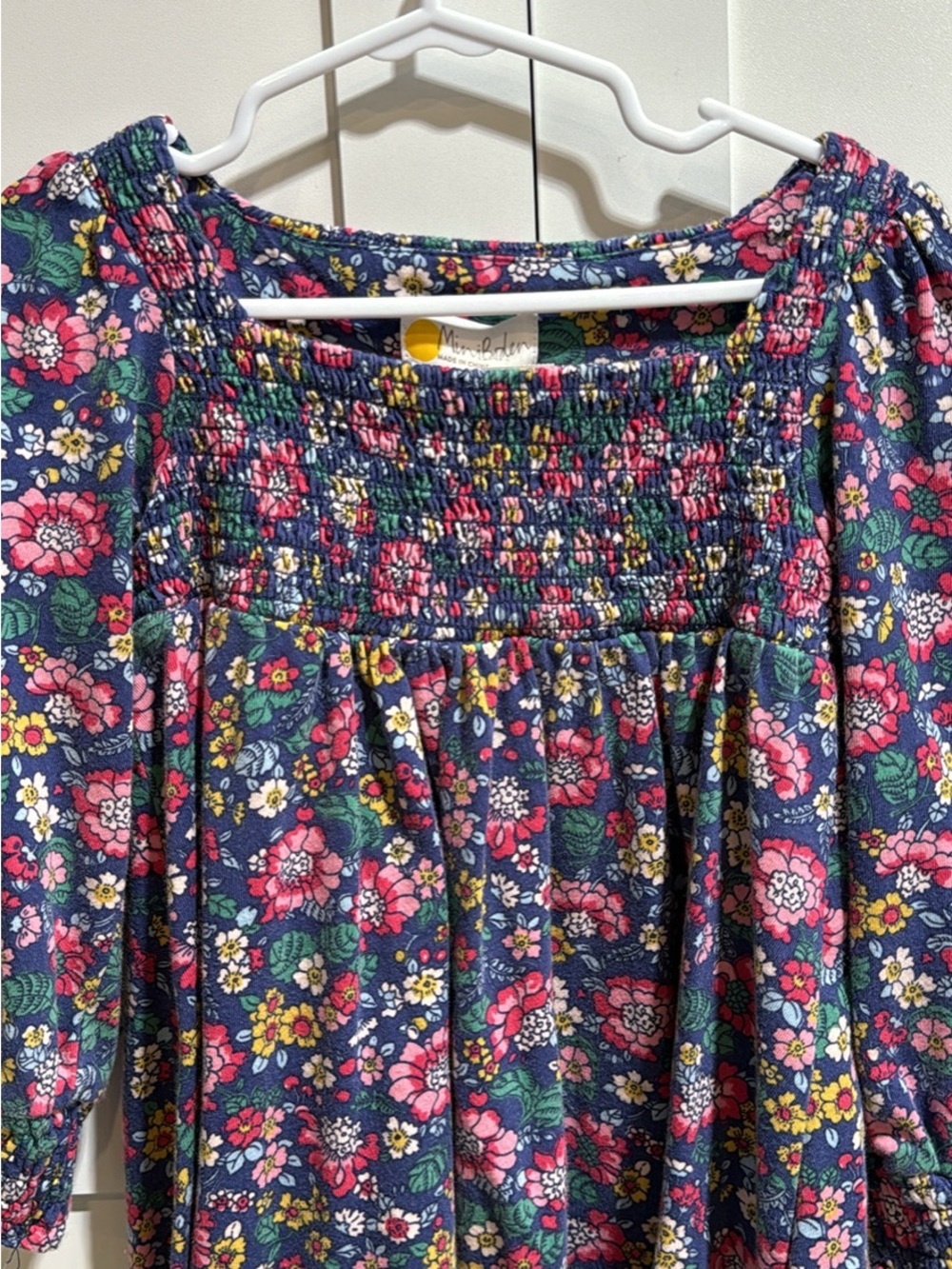 Mini Boden Navy Floral Smocked Dress with Pink & Yellow Accents - Picture 2 of 5